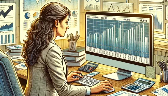 DALL·E 2024-04-26 08.44.12 - A detailed illustration of a business environment where a financial analyst, a middle-aged Caucasian woman, is calculating the Return on Investment (R